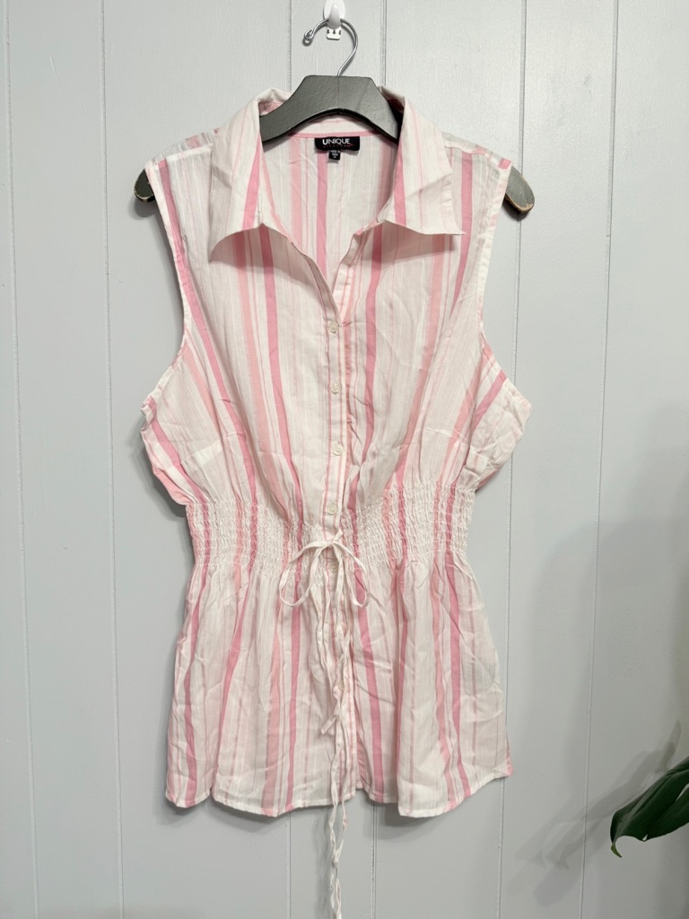 #15)  Unique Spectrum Pink & White Striped Sleeveless Drawstring Waist Blouse